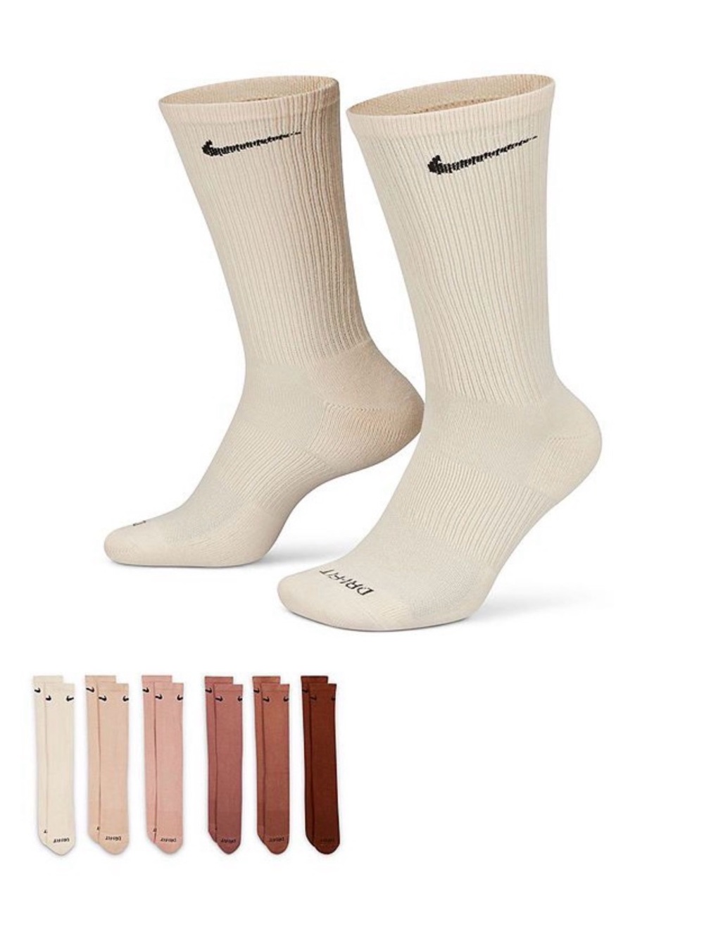 Nike Multi Color 6 Pair Pack Athletic Crew Socks- Tan, Cream & Brown Shades New
